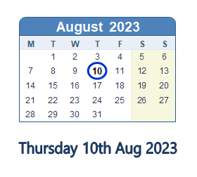 10 August 2023 calendar