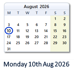 10 August 2026 calendar