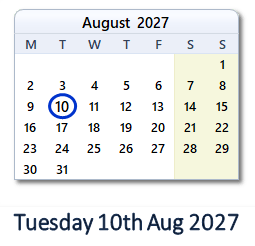 10 August 2027 calendar