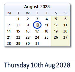 10 August 2028 calendar