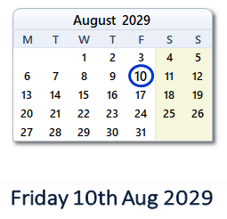 10 August 2029 calendar