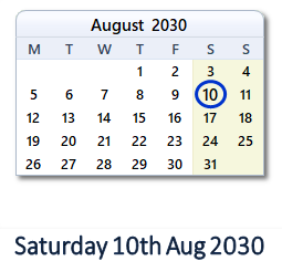 10 August 2030 calendar