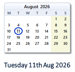 11 August 2026 calendar