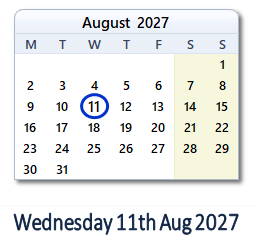11 August 2027 calendar