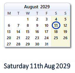 11 August 2029 calendar