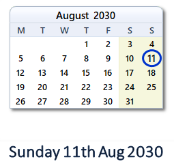 11 August 2030 calendar