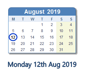 12 August 2019 calendar