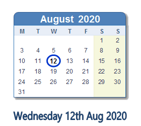 12 August 2020 calendar