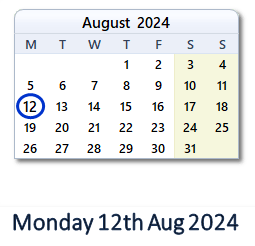 12 August 2024 calendar