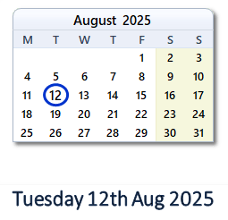 12 August 2025 calendar