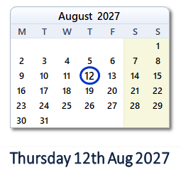 12 August 2027 calendar