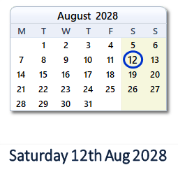 12 August 2028 calendar