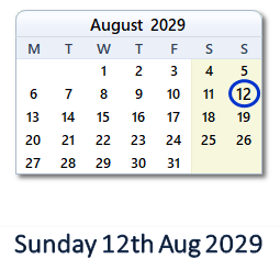 12 August 2029 calendar