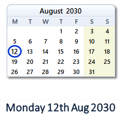 12 August 2030 calendar
