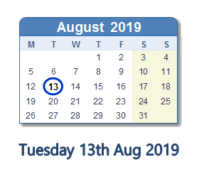 13 August 2019 calendar