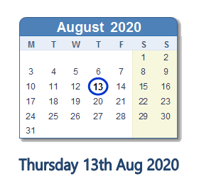 13 August 2020 calendar