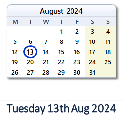 13 August 2024 calendar
