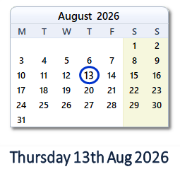 13 August 2026 calendar