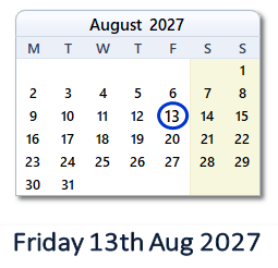 13 August 2027 calendar