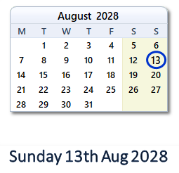 13 August 2028 calendar
