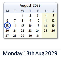 13 August 2029 calendar