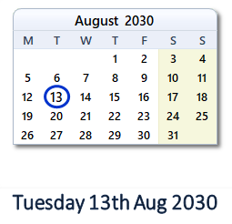 13 August 2030 calendar