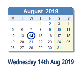 14 August 2019 calendar