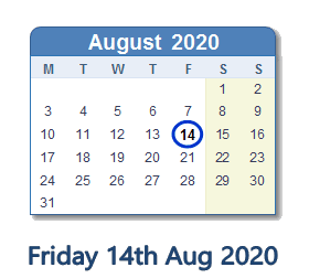 14 August 2020 calendar