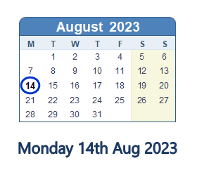 14 August 2023 calendar