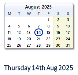 14 August 2025 calendar