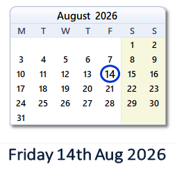 14 August 2026 calendar
