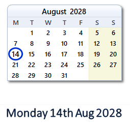 14 August 2028 calendar