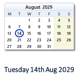 14 August 2029 calendar