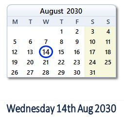 14 August 2030 calendar