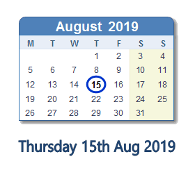 15 August 2019 calendar