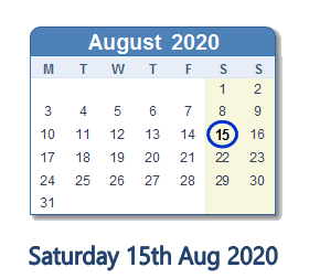 15 August 2020 calendar
