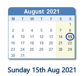 15 August 2021 calendar