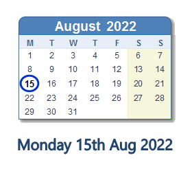 15 August 2022 calendar