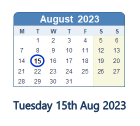 15 August 2023 calendar
