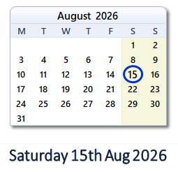 15 August 2026 calendar