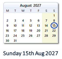 15 August 2027 calendar