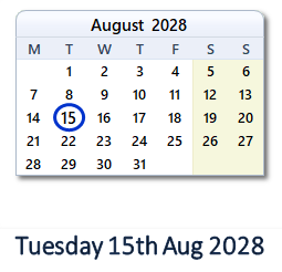 15 August 2028 calendar