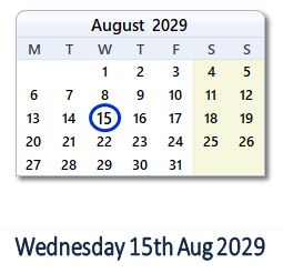 15 August 2029 calendar
