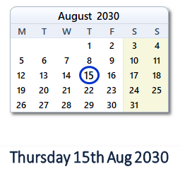 15 August 2030 calendar