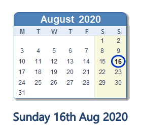 16 August 2020 calendar