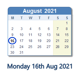 16 August 2021 calendar