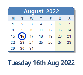 16 August 2022 calendar