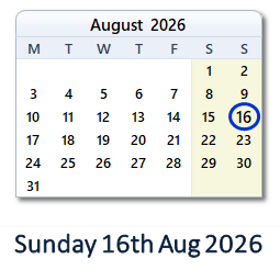 16 August 2026 calendar