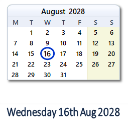 16 August 2028 calendar