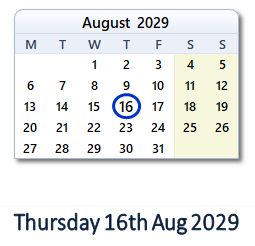 16 August 2029 calendar